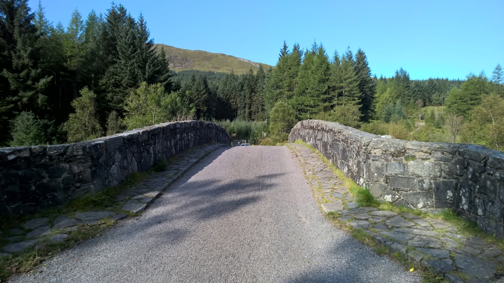 west highland way, scotland, stone bridge, blue skies, bridge of orchy, river orchy, trees, forest