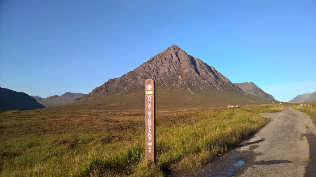 west highland way, scotland, sign, blue skies, mountains, hills