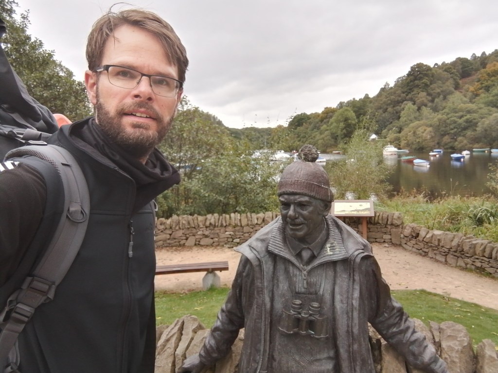 west highland way, scotland, tom weir, balmaha, statue, hiking gear, boats, trees