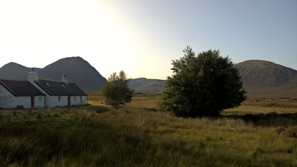 west highland way, scotland, glen coe, buachaille etive mor, mountains, hills, cottage, old cottage
