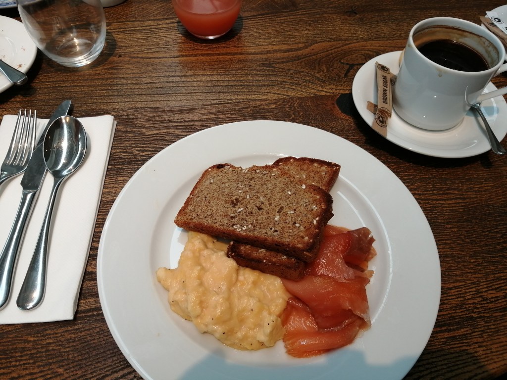 sour dough, scottish smoked salmon, scrambled eggs, cup of coffee, breakfast, machrie hotel, islay, scotland