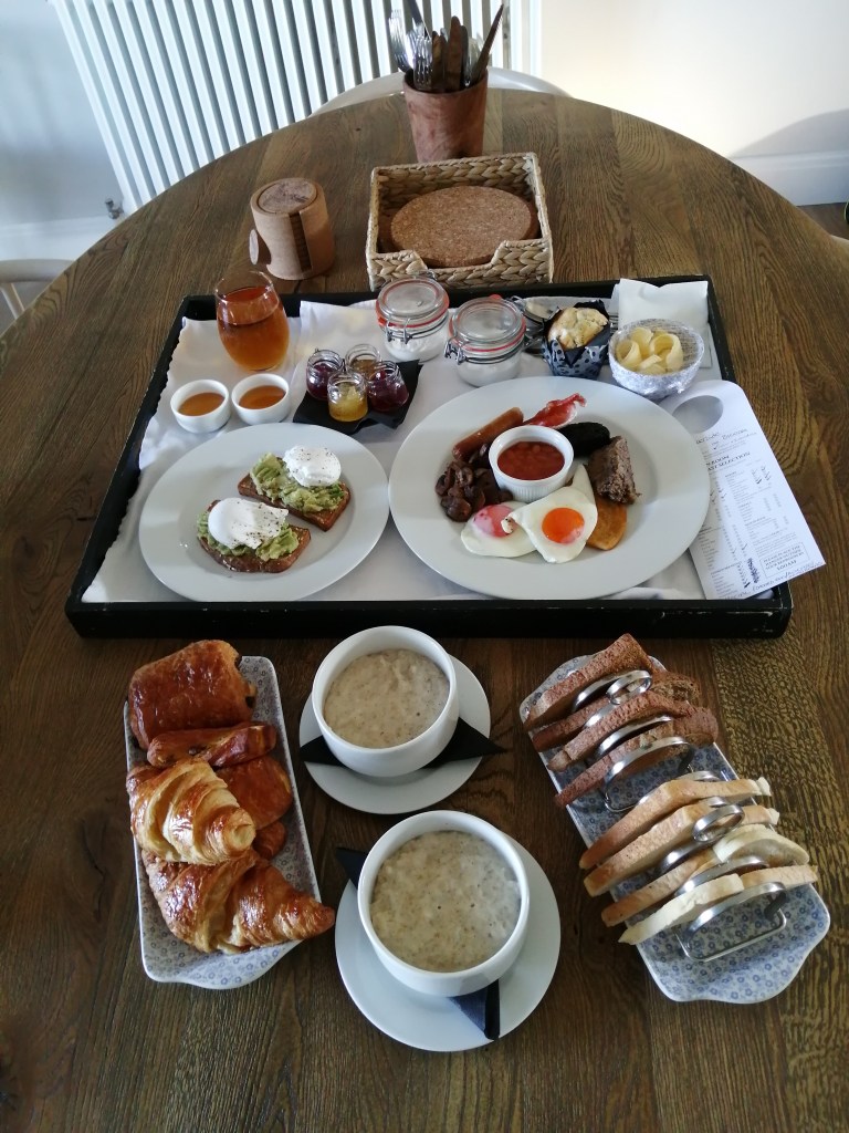 breakfast, poached eggs, full scottish breakfast, juice, honey, toast, porridge, pastries, room service, machrie hotel, islay, scotland