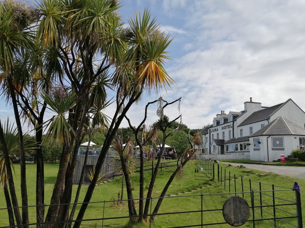 jura hotel, white buliding, blue skies, palm trees, jura, scotland