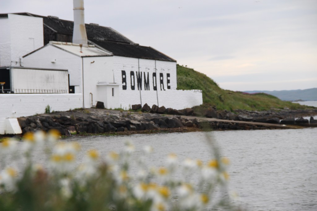 whisky distillery, bowmore, flowers, white building, islay, scotland