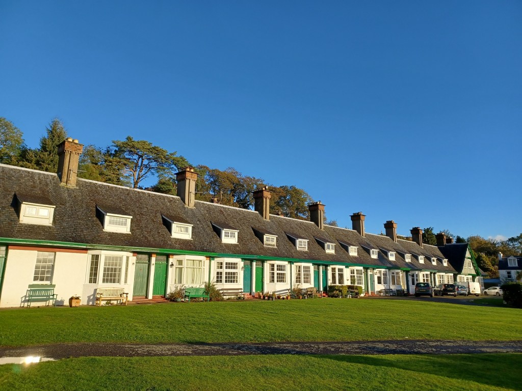 cottages, blue skies, lawn