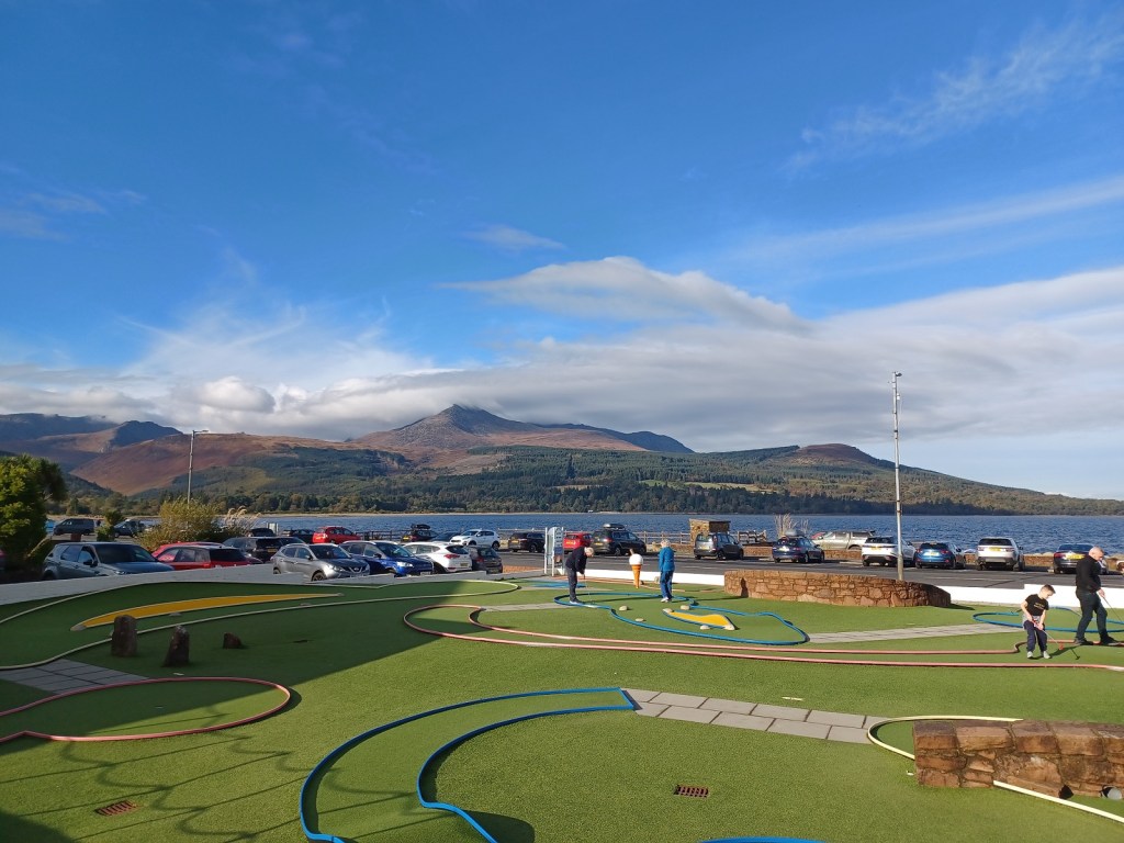 minigolf, mountain, goatfell, blueskies, clouds, open water, brodick, isle of arran