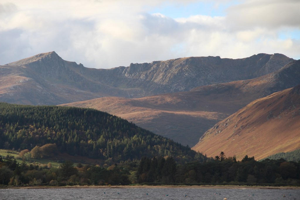 sunset on mountain, isle of arran, view from calmac ferry
